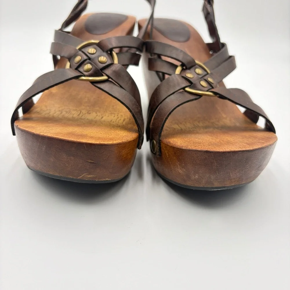 Vintage MIA Platform Chunky Shoes Sandals Size 10 90s Y2K Wooden Leather Brown